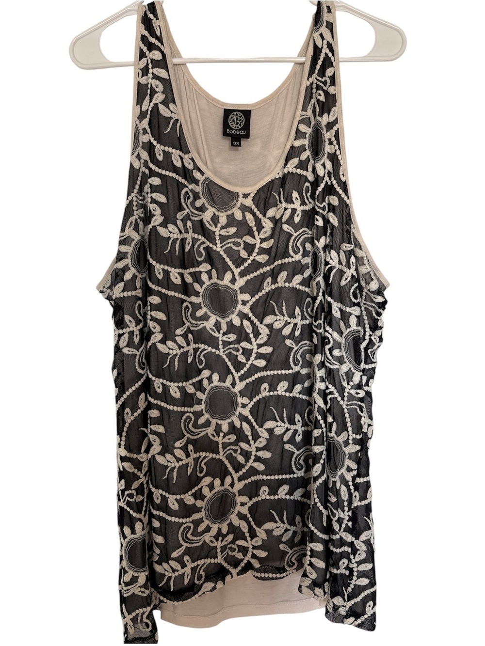 Bobeau 3X Black and Cream Embroidered Mesh Floral Sleeveless Tank Top Plus Size